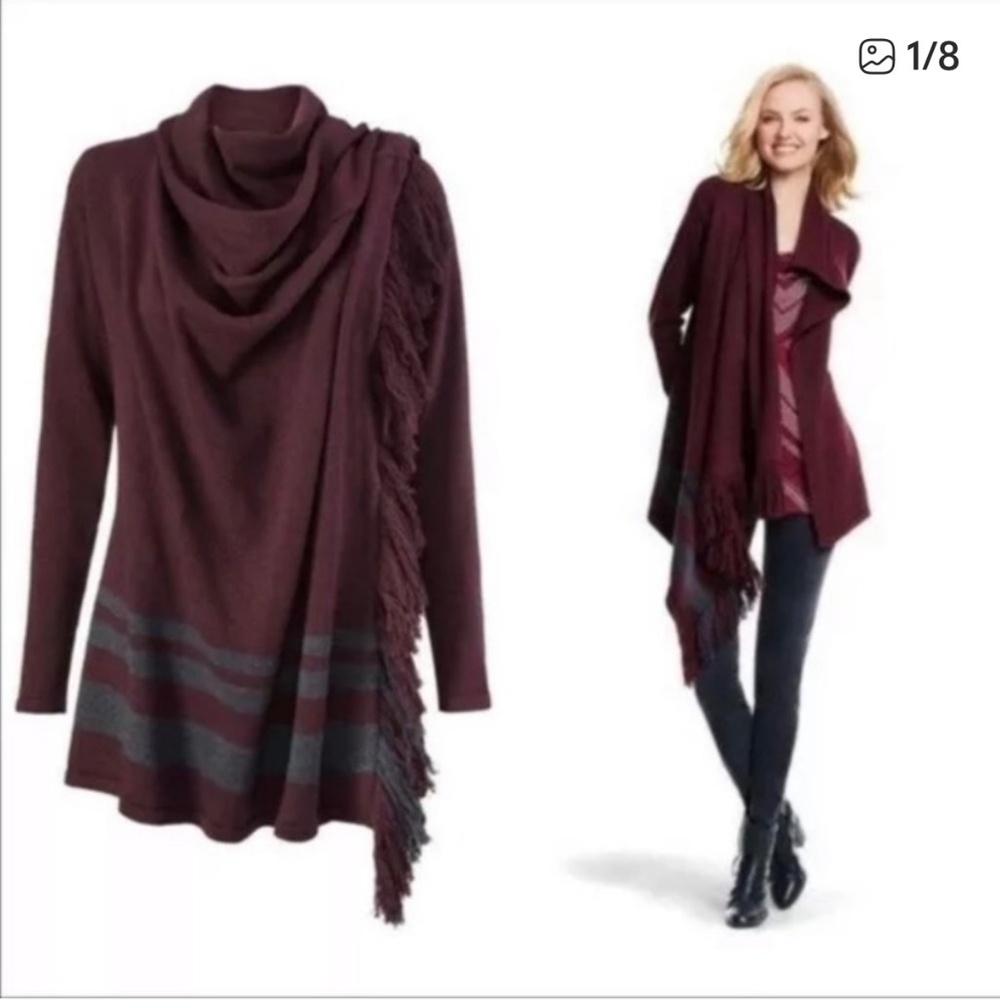 Cabi Burgundy Port Fringe Wrap Sweater Style 3002